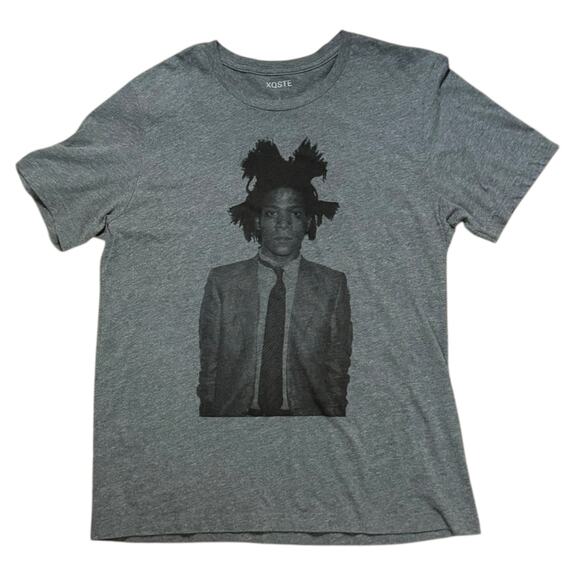 XQSTE Jean-Michel Basquiat T-Shirt Mens Gray Portrait Graphic Print Sz L SLIM - Picture 1 of 6